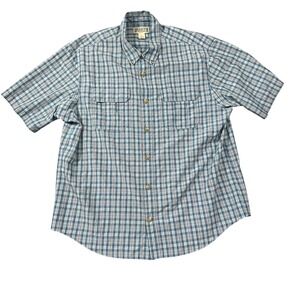 Duluth Trading Co Mens XL Blue Plaid Short Sleeve Button Down Utility Shirt